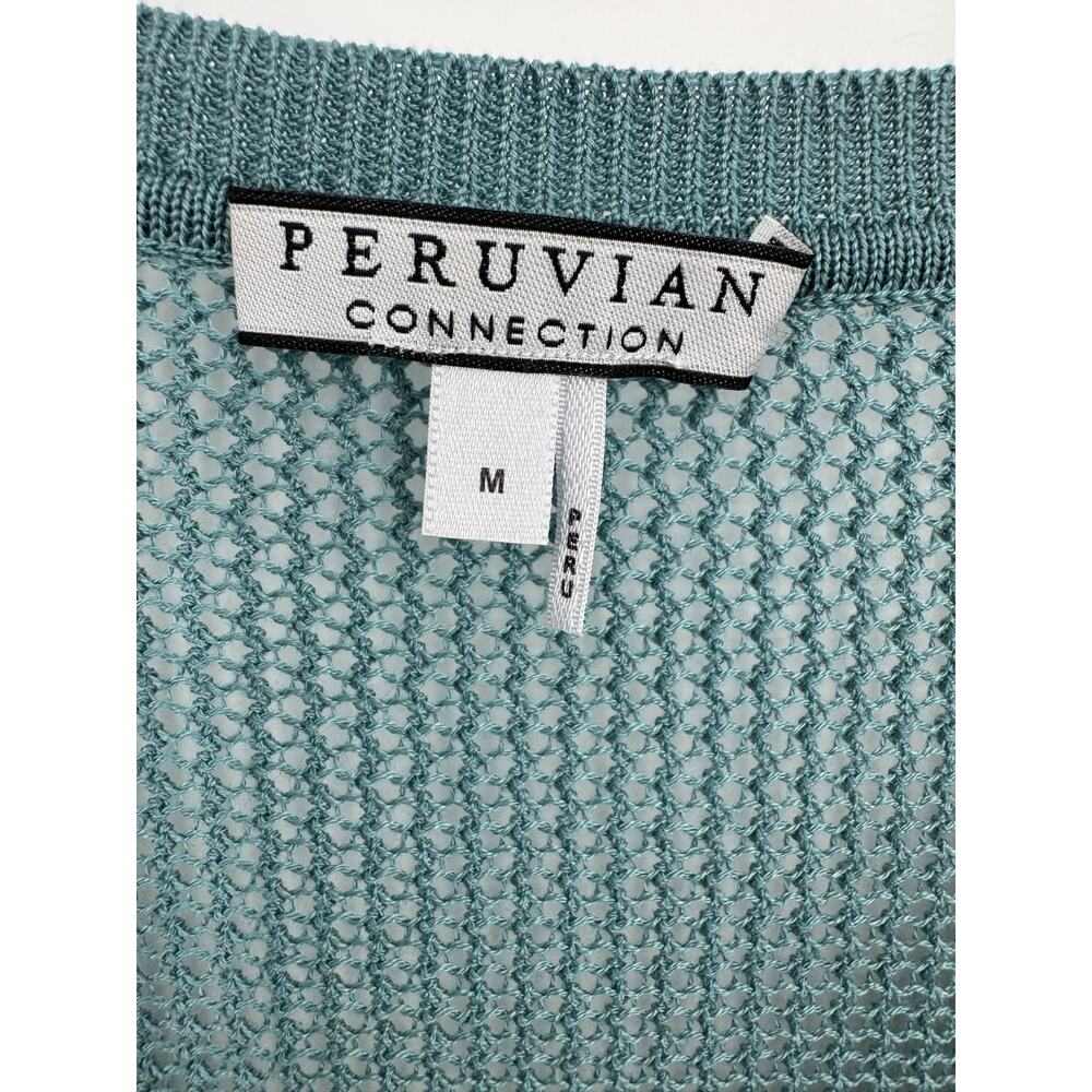 Peruvian Connection cardigan pima cotton M open knit mesh V neck button teal - Picture 5 of 7